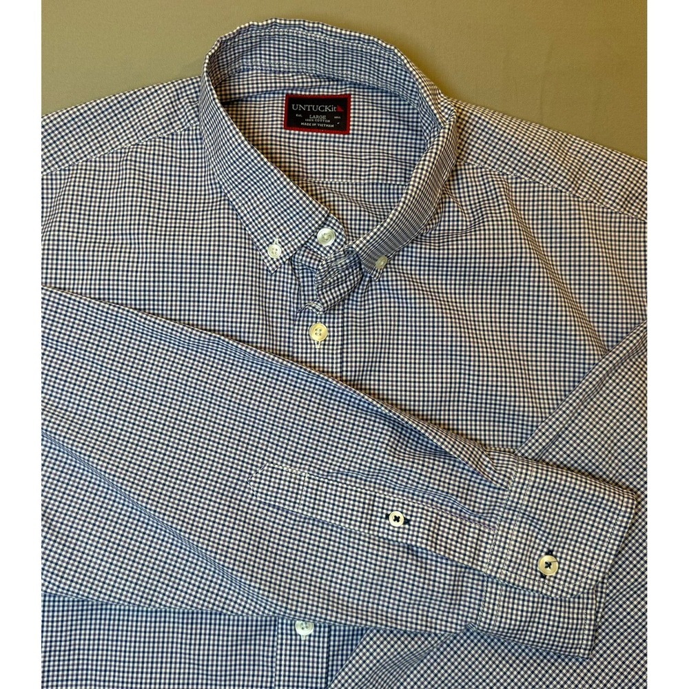UNTUCKit Mens‎ Large Blue Purple Gingham Cotton Long Sleeve Button Down Shirt